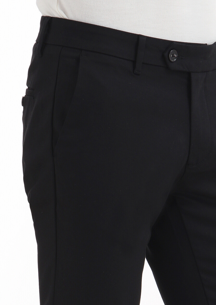 Black Weaving Slim Fit Casual Cotton Blended Trousers - 4