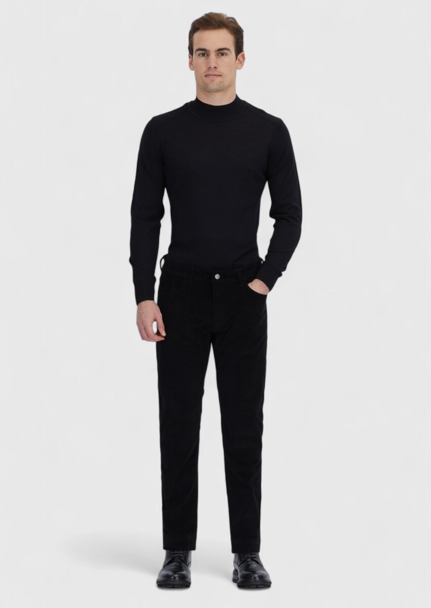 Black Weaving Slim Fit Casual Cotton Blended Trousers - 1