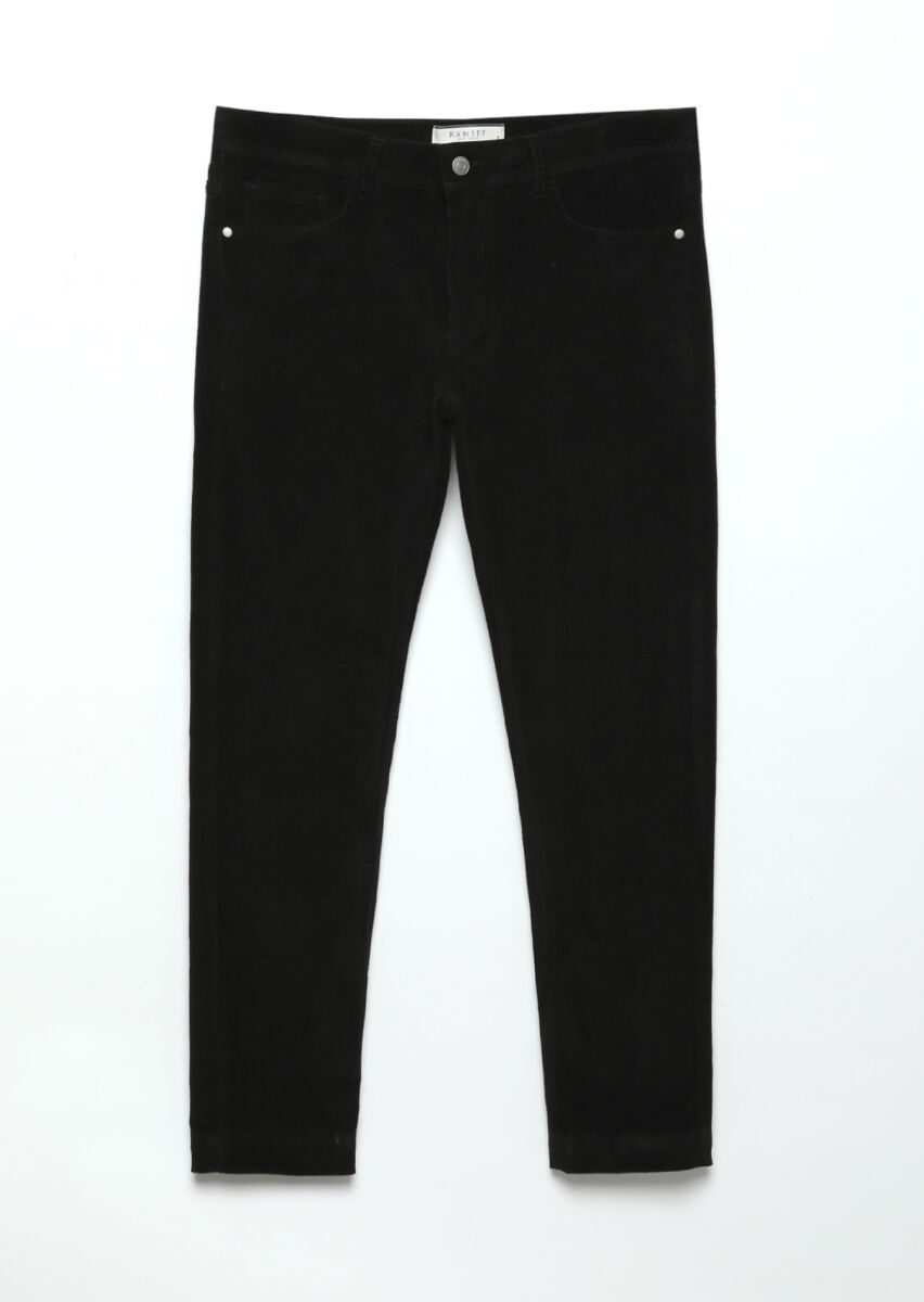 Black Weaving Slim Fit Casual Cotton Blended Trousers - 5