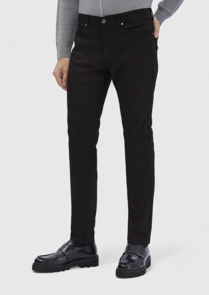 Black Weaving Slim Fit Casual Cotton Blended Trousers - 3