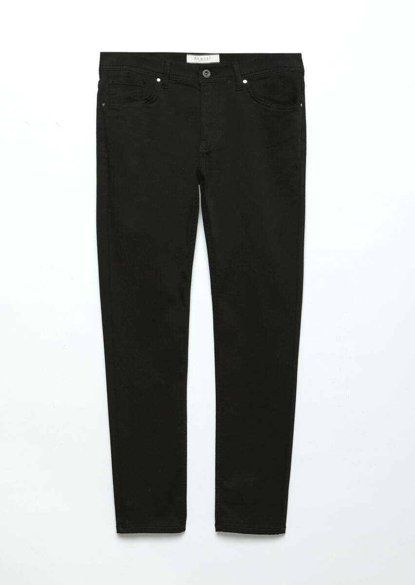 Black Weaving Slim Fit Casual Cotton Blended Trousers - 6