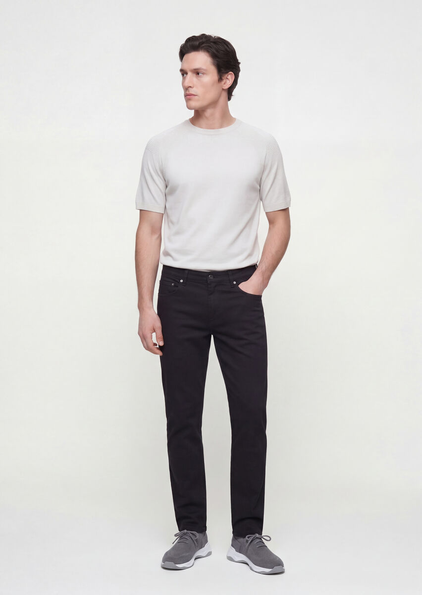 Black Weaving Slim Fit Casual Cotton Blended Trousers - 3