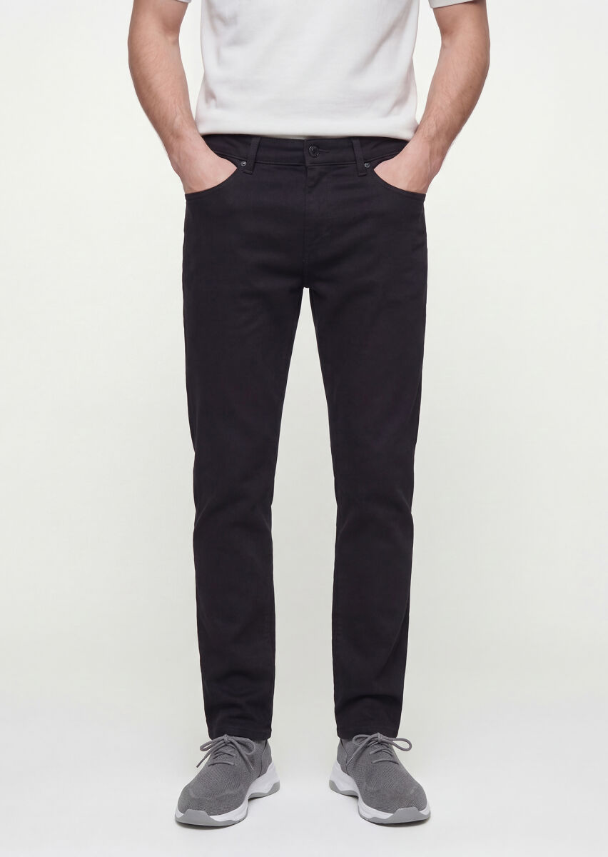 Black Weaving Slim Fit Casual Cotton Blended Trousers - 2