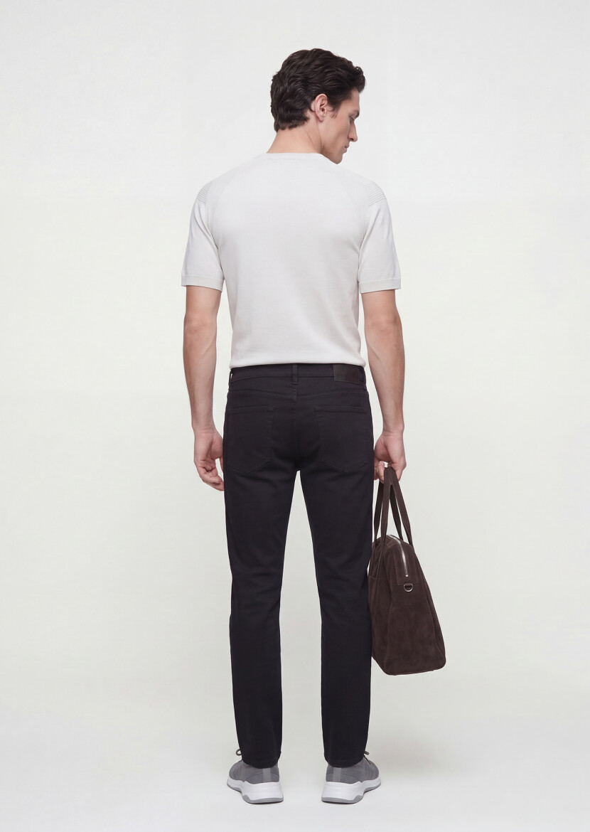 Black Weaving Slim Fit Casual Cotton Blended Trousers - 4
