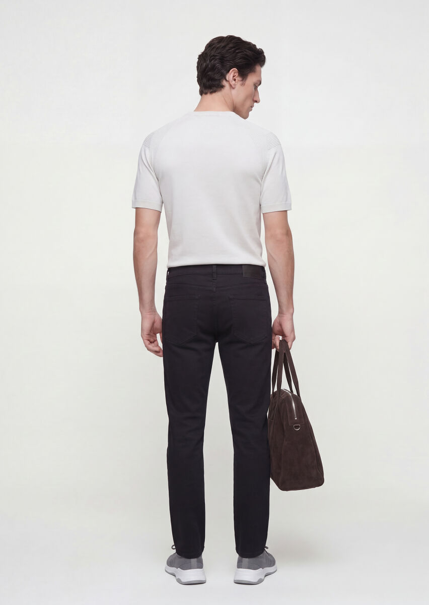 Black Weaving Slim Fit Casual Cotton Blended Trousers - 4