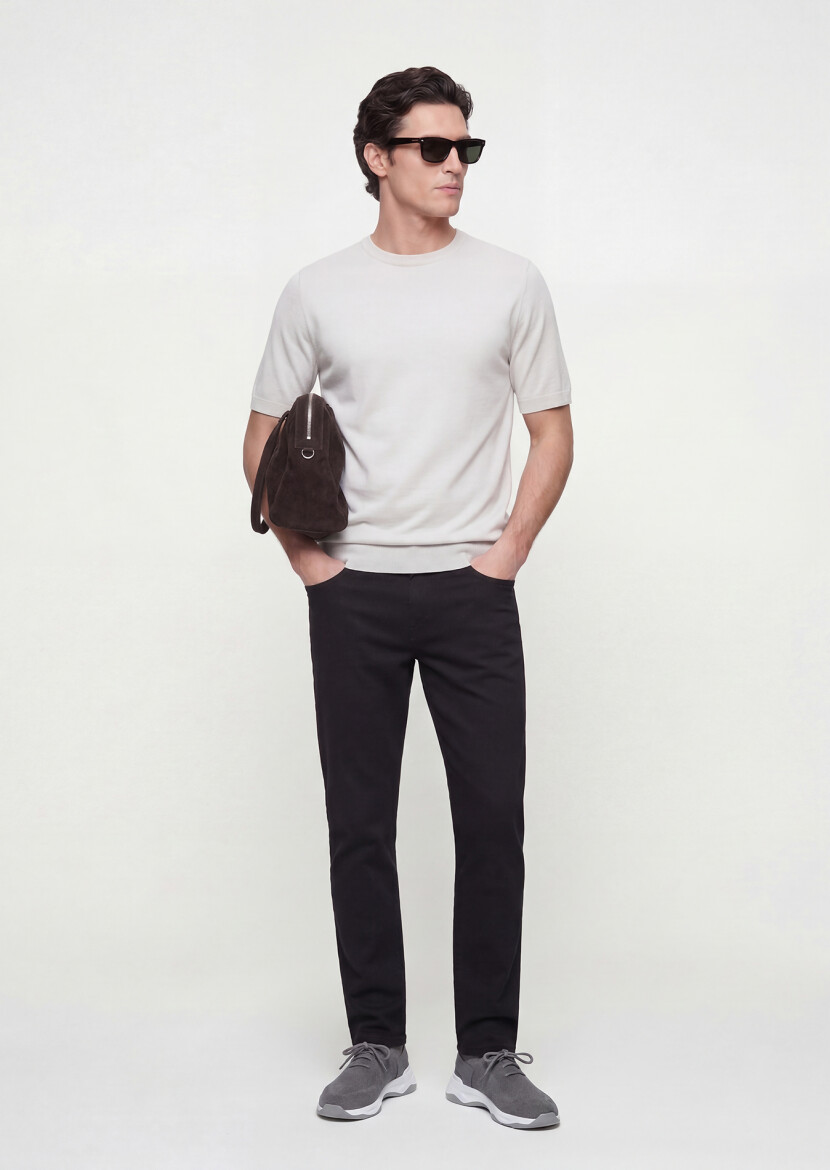 Black Weaving Slim Fit Casual Cotton Blended Trousers - RAMSEY