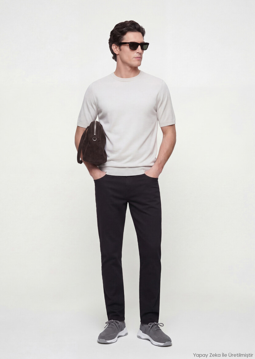 Black Weaving Slim Fit Casual Cotton Blended Trousers - RAMSEY