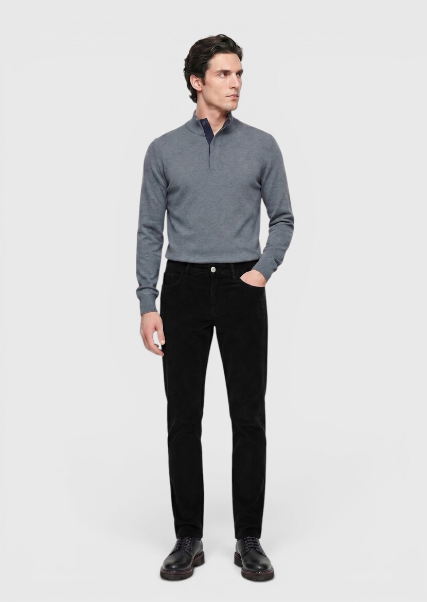 Black Weaving Slim Fit Casual Cotton Blended Trousers - 1