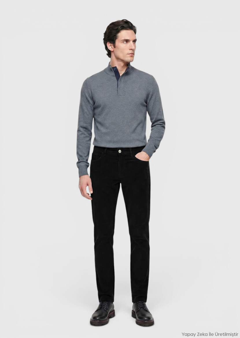 Black Weaving Slim Fit Casual Cotton Blended Trousers - RAMSEY