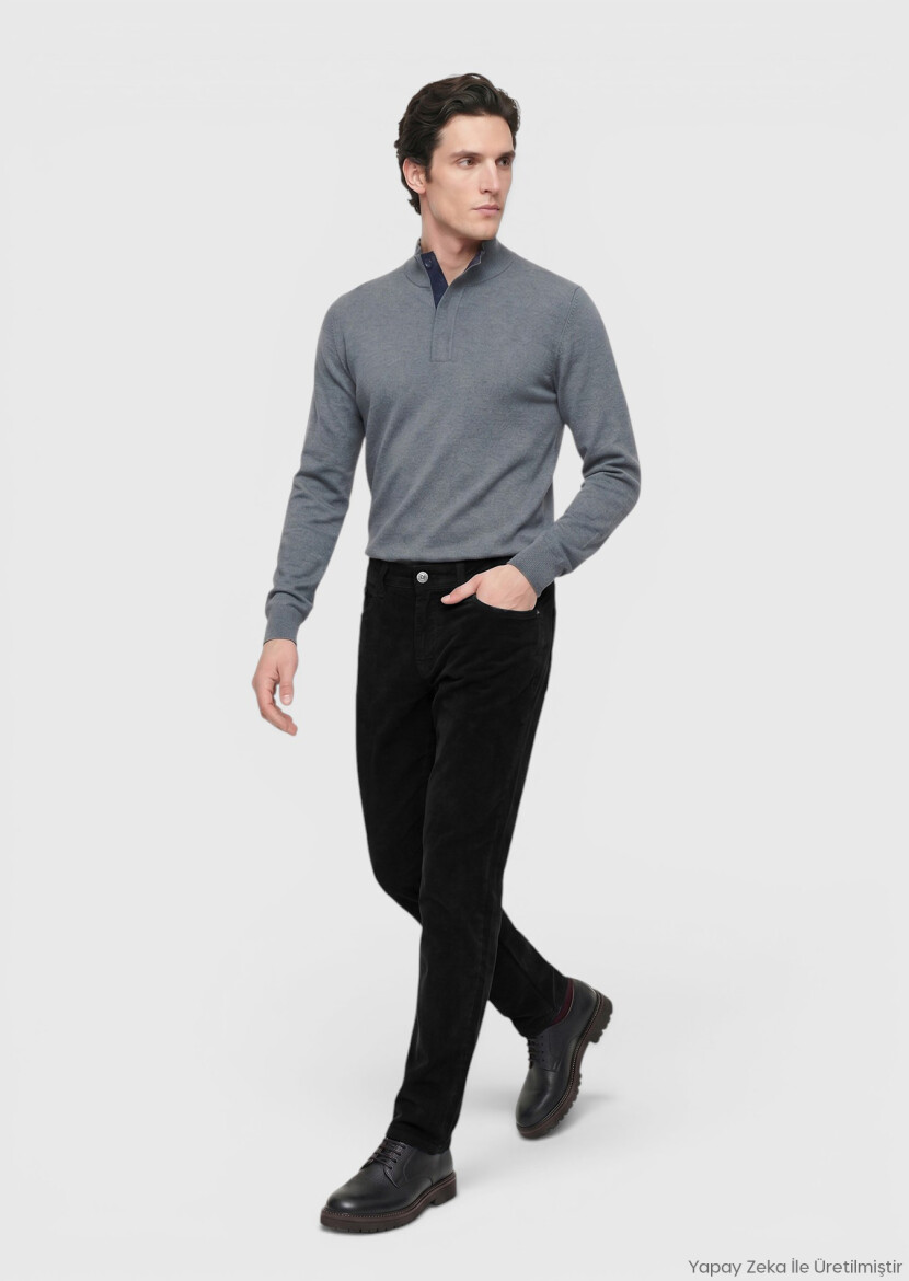 Black Weaving Slim Fit Casual Cotton Blended Trousers - RAMSEY
