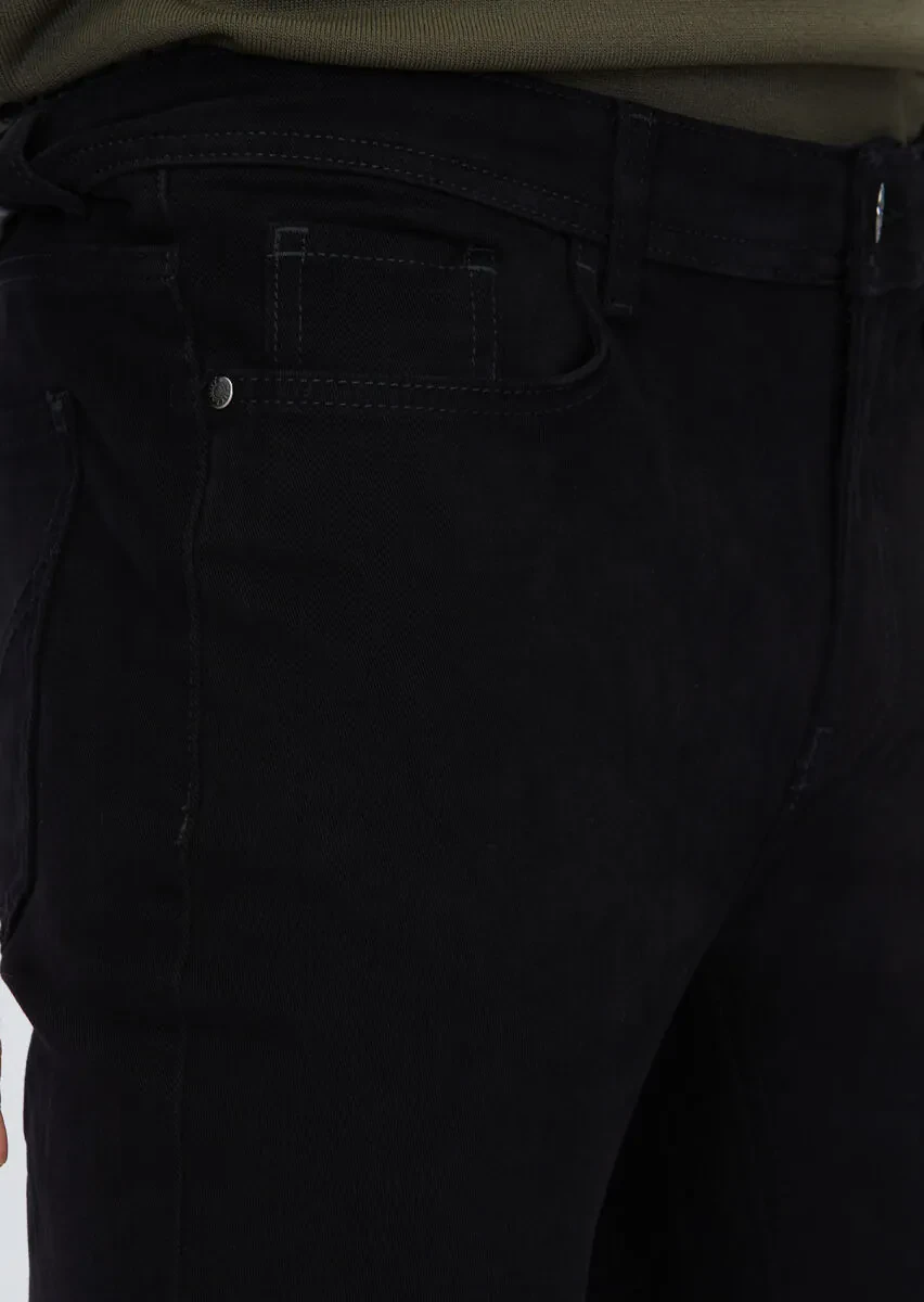 Black Weaving Slim Fit Casual Cotton Blended Trousers - 3