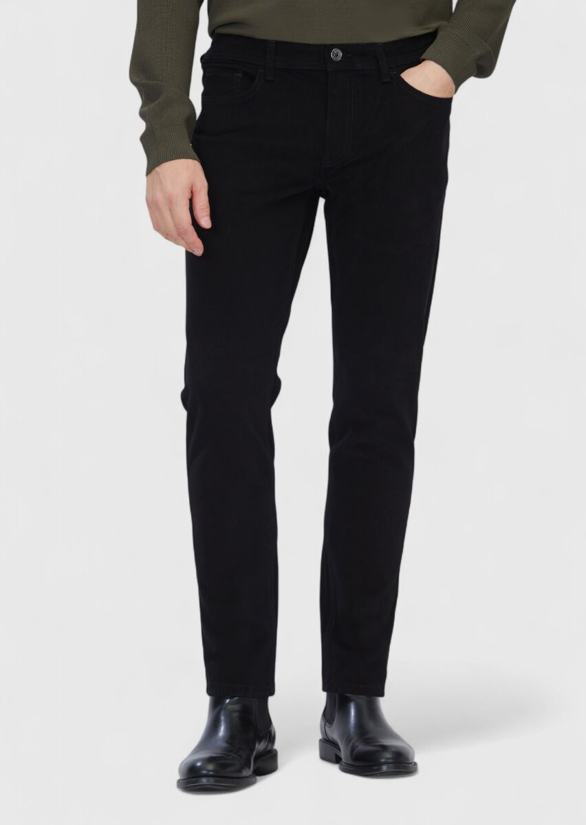 Black Weaving Slim Fit Casual Cotton Blended Trousers - 2