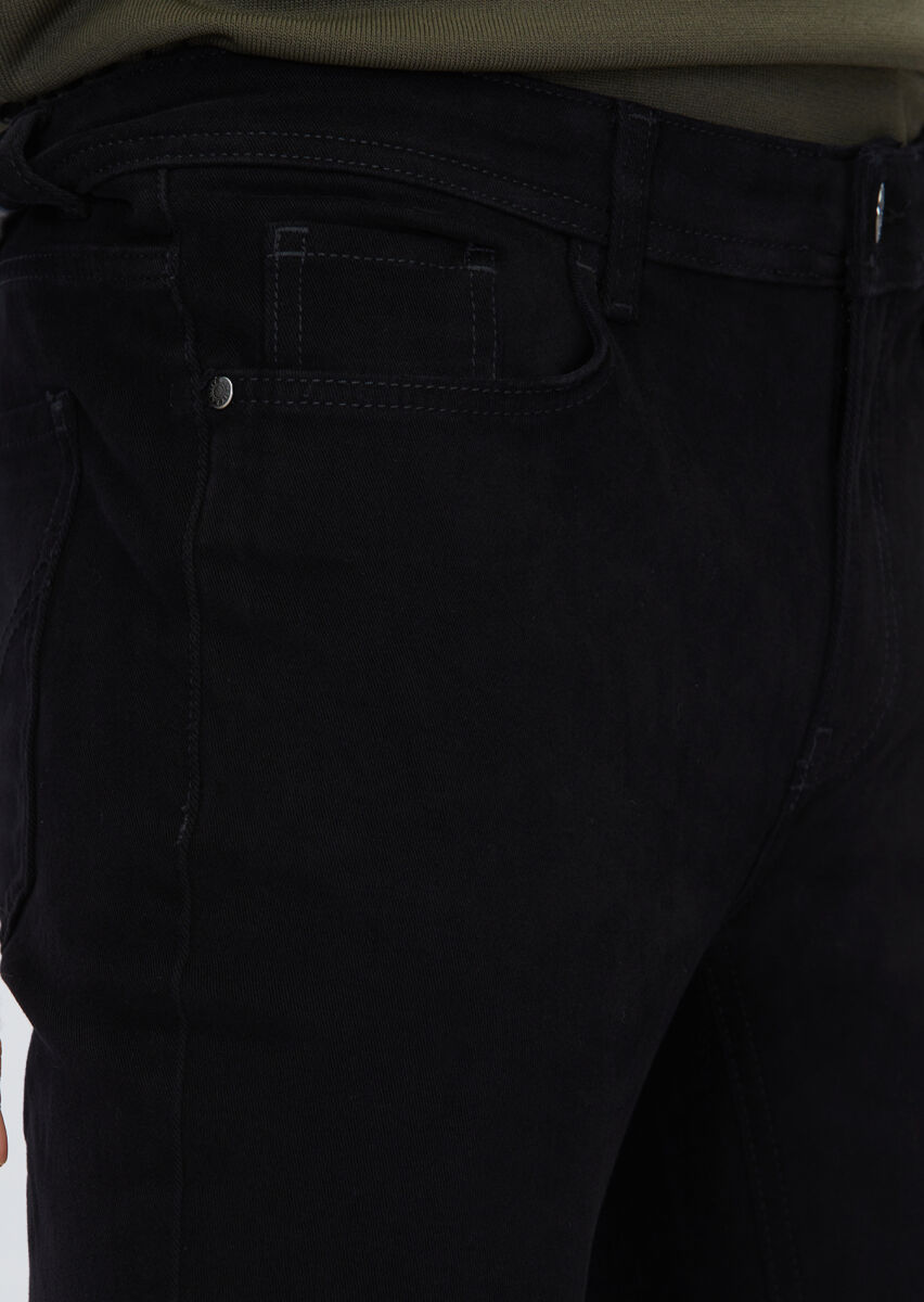 Black Weaving Slim Fit Casual Cotton Blended Trousers - 3