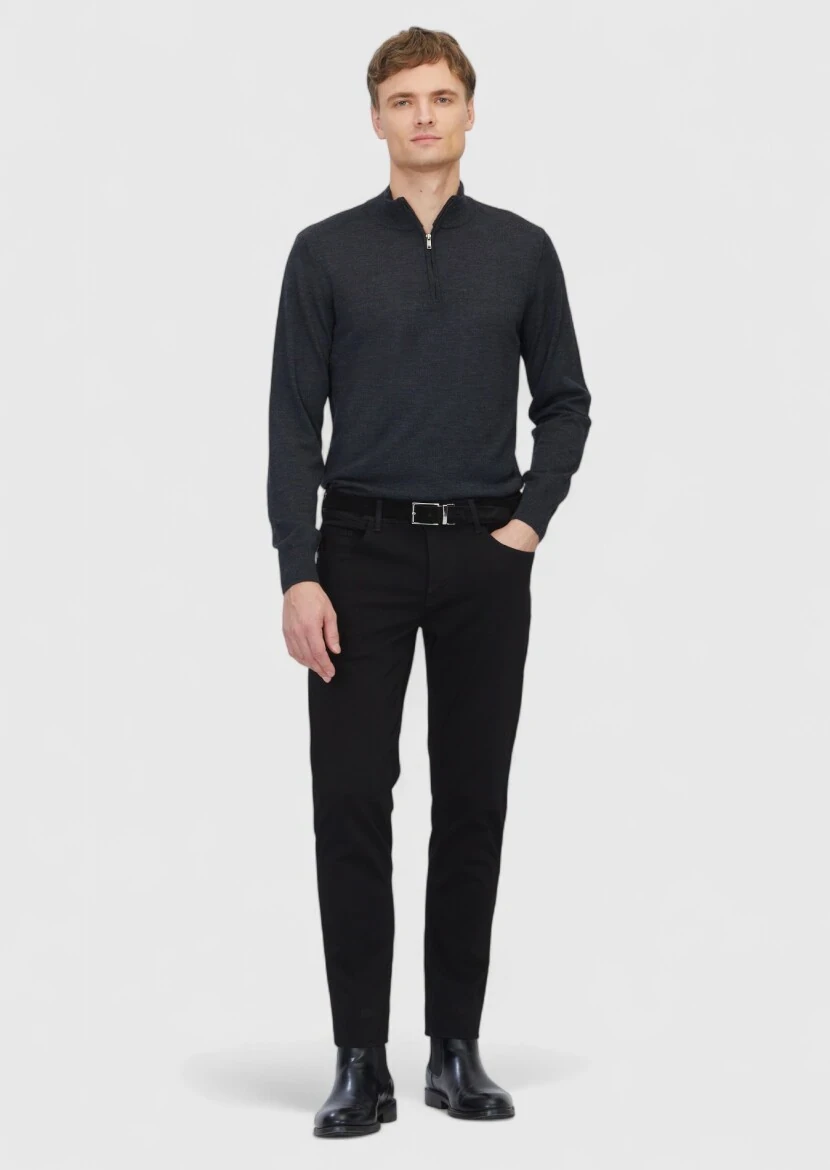 Black Weaving Slim Fit Casual Cotton Blended Trousers - RAMSEY
