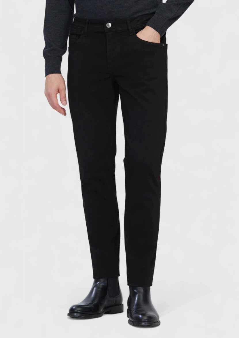 Black Weaving Slim Fit Casual Cotton Blended Trousers - RAMSEY