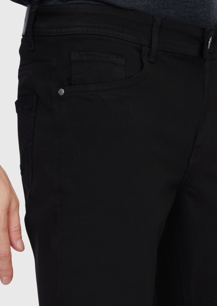 Black Weaving Slim Fit Casual Cotton Blended Trousers - 3
