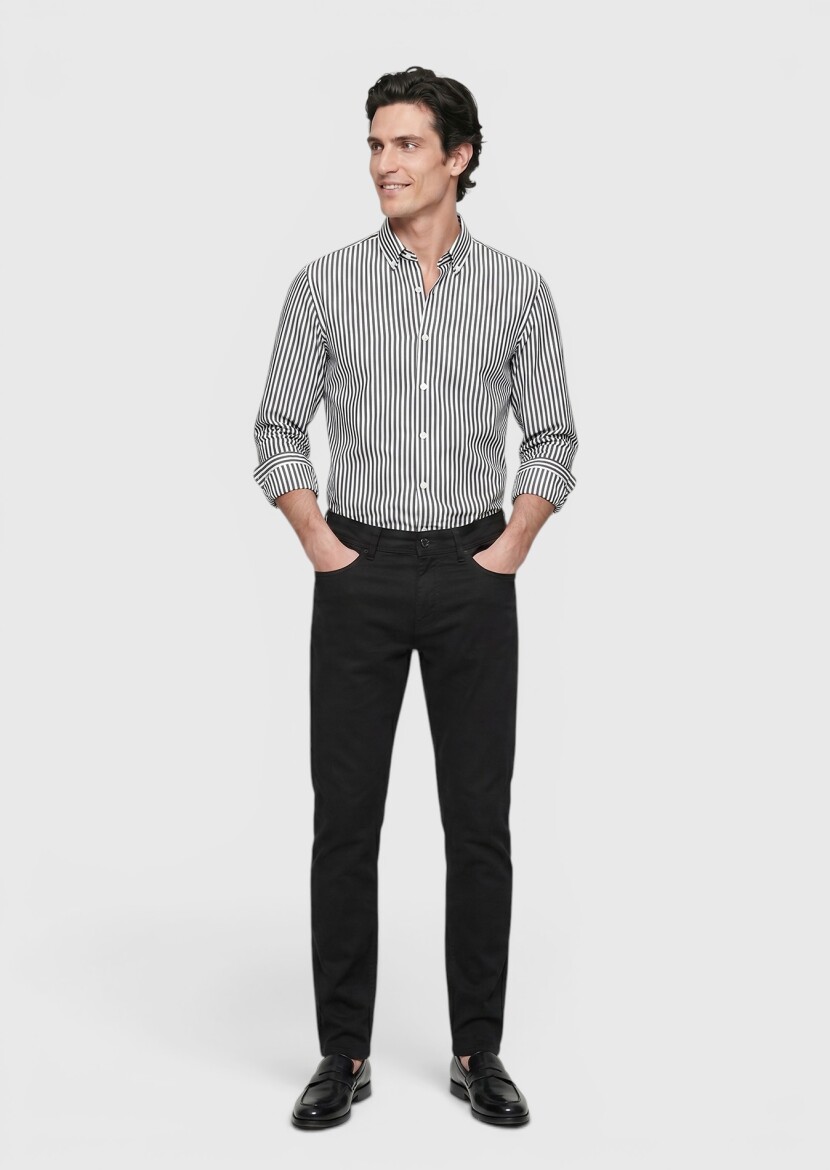 Black Weaving Slim Fit Casual Cotton Blended Trousers 