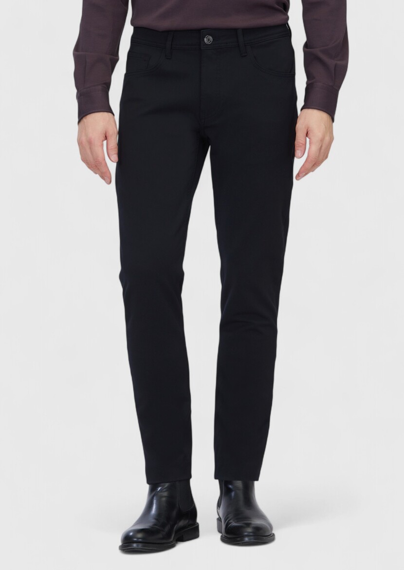 Black Weaving Slim Fit Casual Trousers - 2