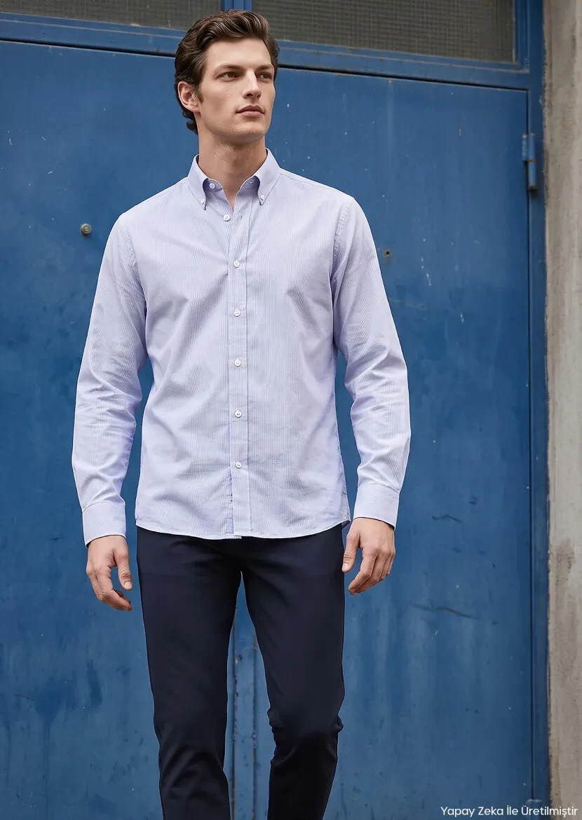Blue Striped Casual Fit Long Weaving Casual 100% Cotton Shirt - RAMSEY