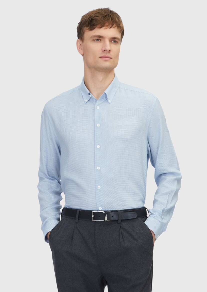 Blue Casual Fit Long Weaving Casual Cotton Blended Shirt - RAMSEY