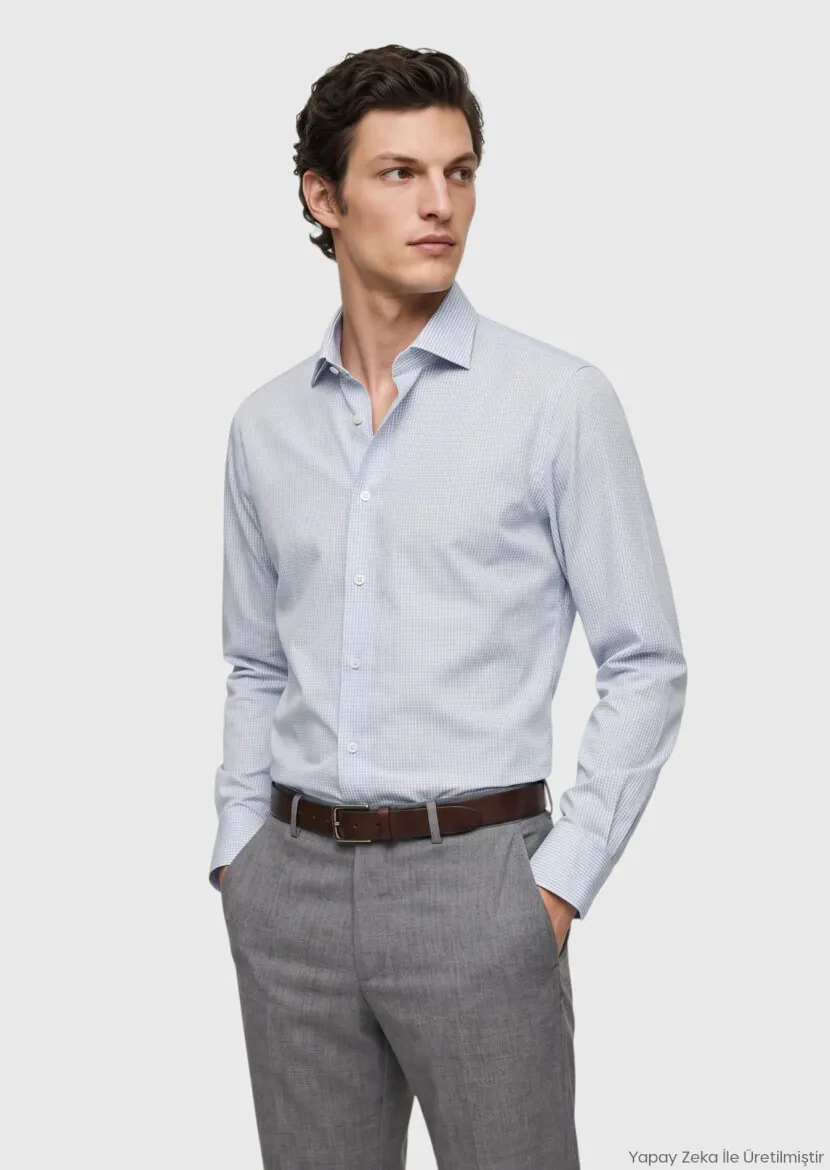 Blue Checkered Long Weaving Classical 100% Cotton Shirt - RAMSEY