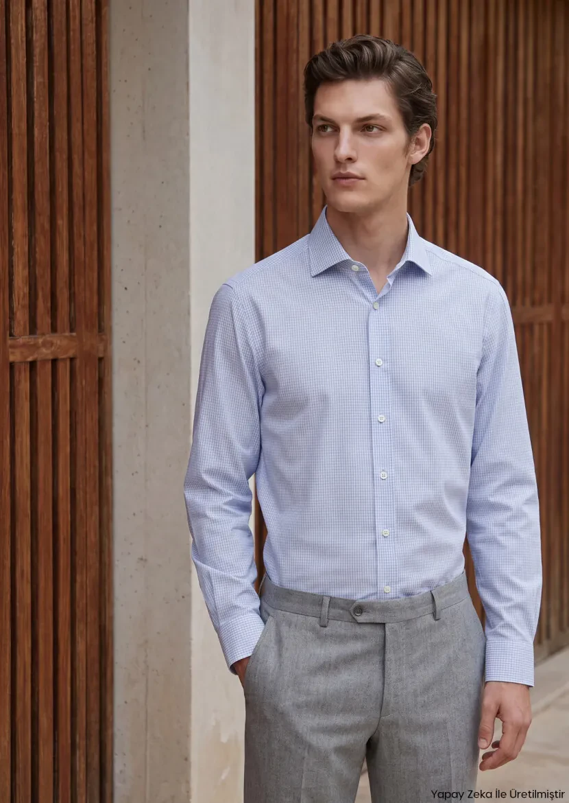Blue Checkered Long Weaving Classical 100% Cotton Shirt - RAMSEY
