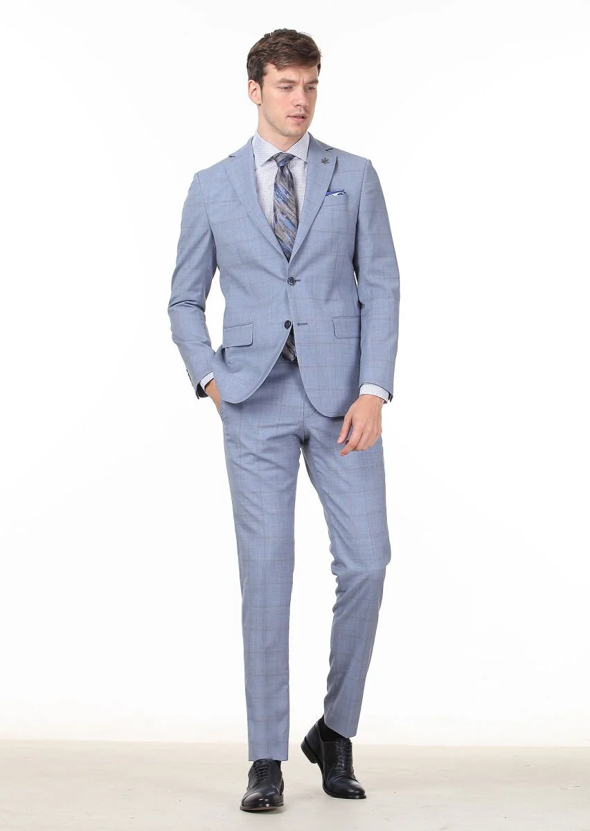 Blue Checkered Modern Fit 100% Wool Suit - 1