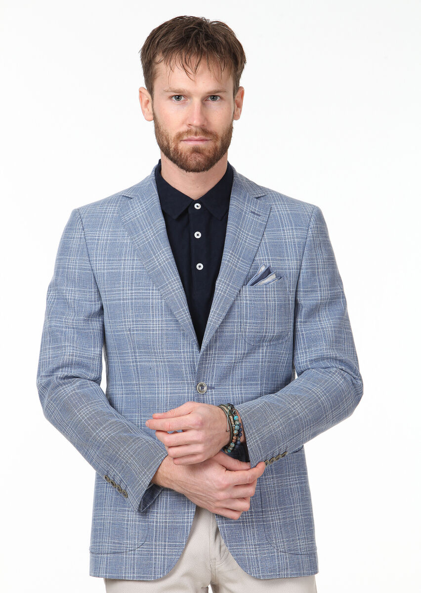 Blue Checkered Modern Fit Wool Blended Jacket - 2