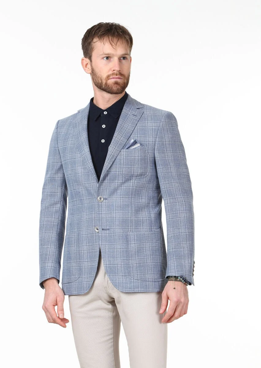 Blue Checkered Modern Fit Wool Blended Jacket - 1