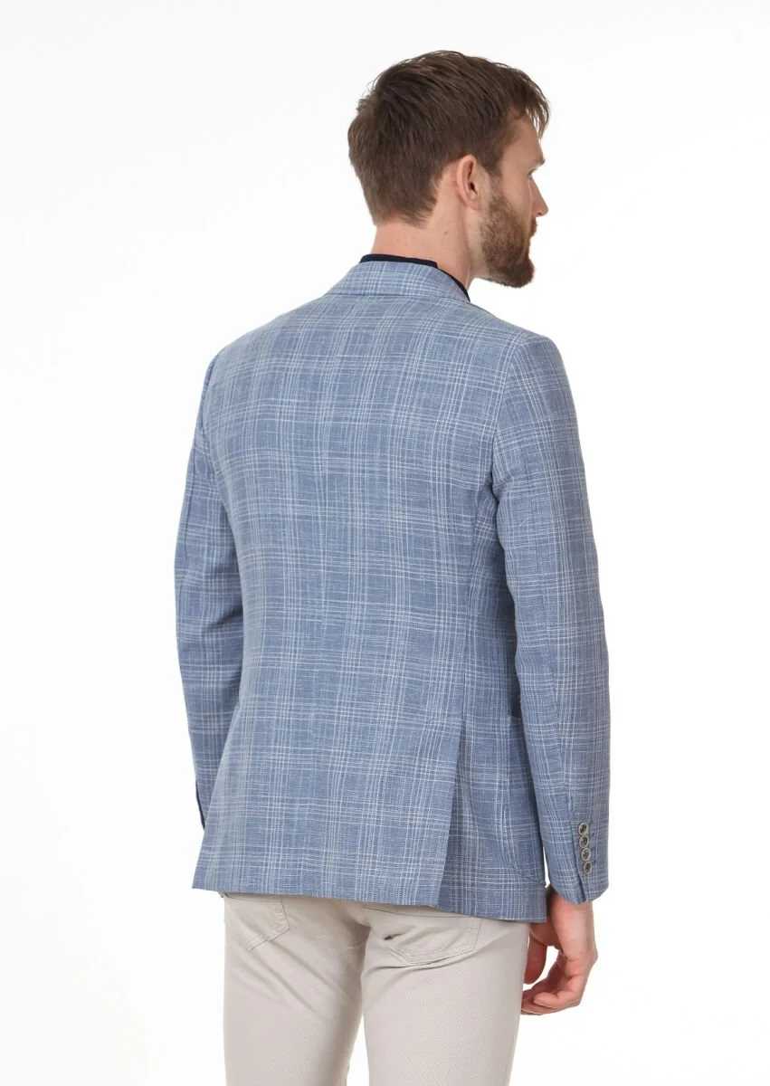 Blue Checkered Modern Fit Wool Blended Jacket - 4
