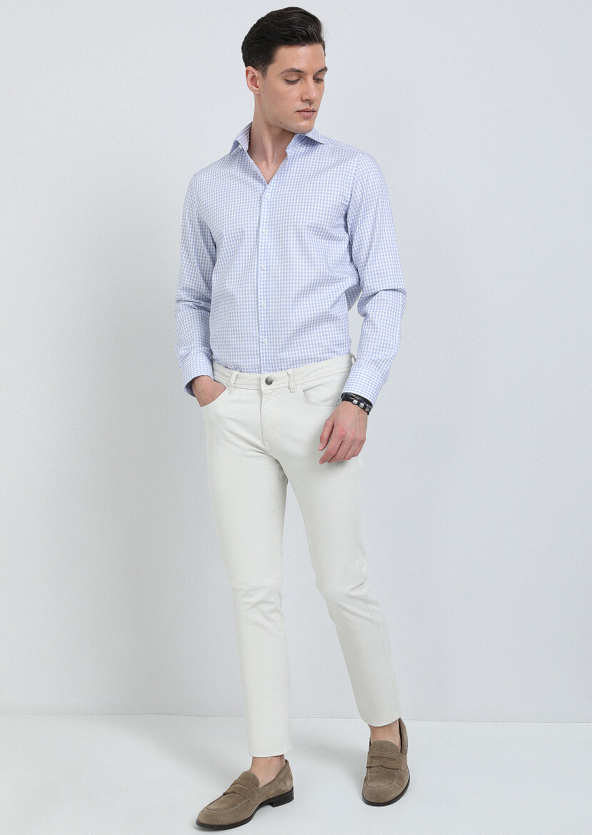 Blue Checkered Regular Fit Long Weaving Classical 100% Cotton Shirt - 1