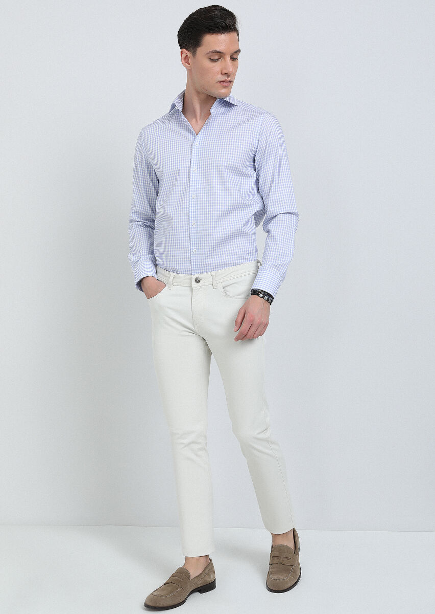 Blue Checkered Regular Fit Long Weaving Classical 100% Cotton Shirt - 1