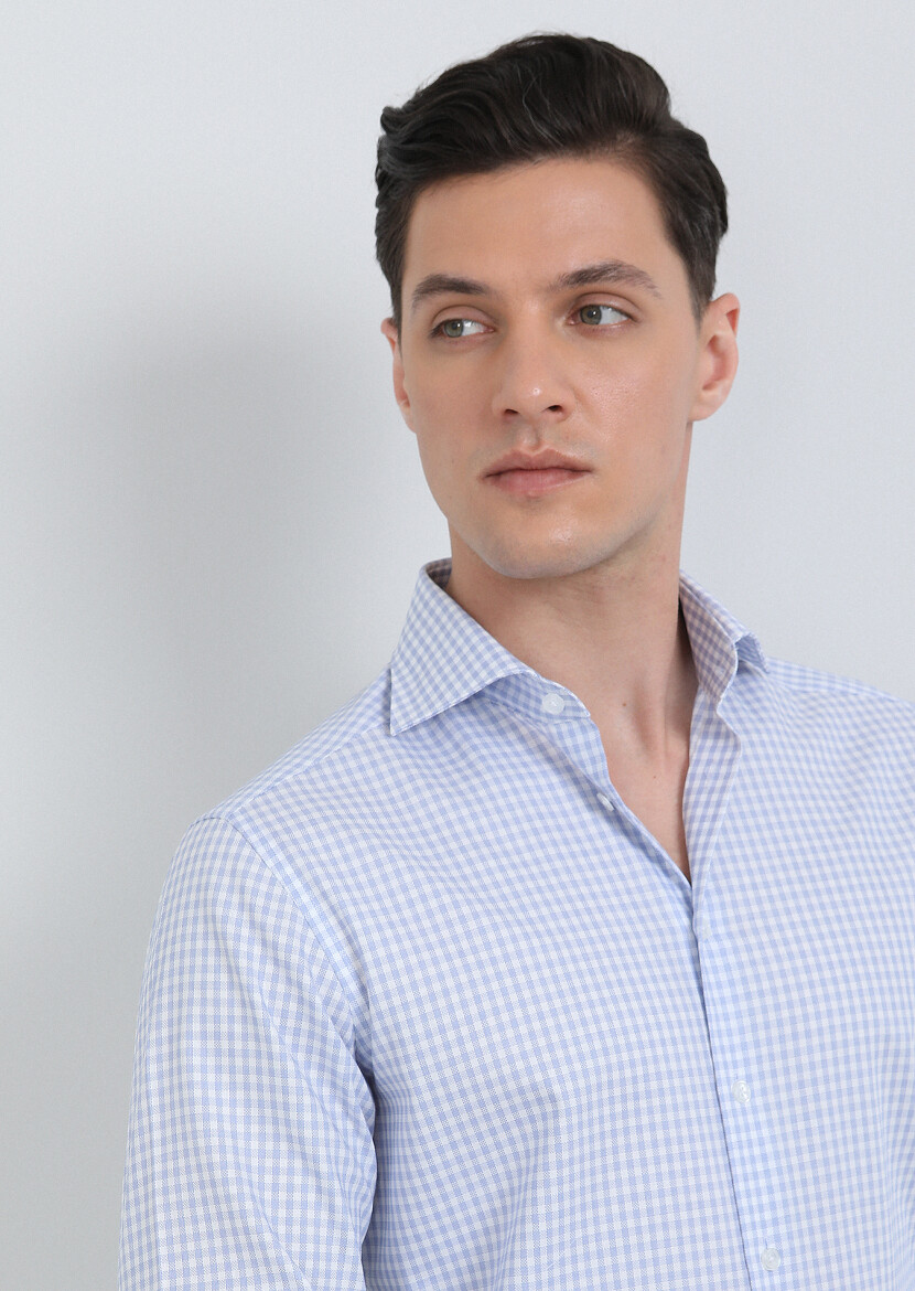 Blue Checkered Regular Fit Long Weaving Classical 100% Cotton Shirt - 2