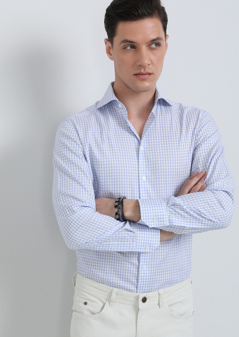 Blue Checkered Regular Fit Long Weaving Classical 100% Cotton Shirt - 3