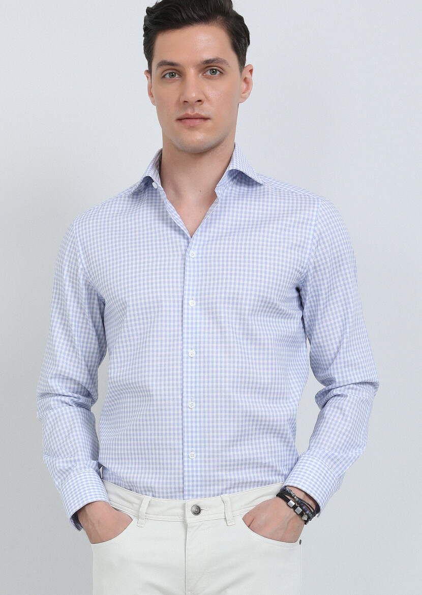 Blue Checkered Regular Fit Long Weaving Classical 100% Cotton Shirt - 4