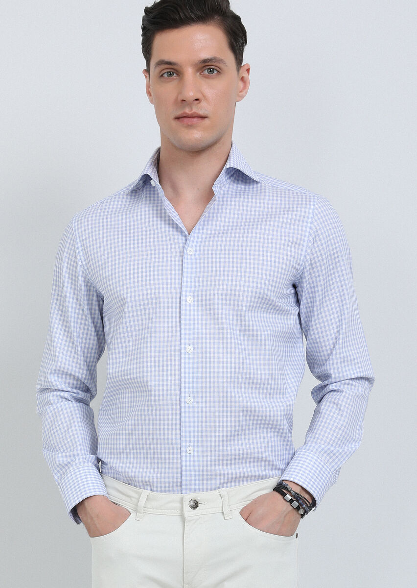 Blue Checkered Regular Fit Long Weaving Classical 100% Cotton Shirt - 4