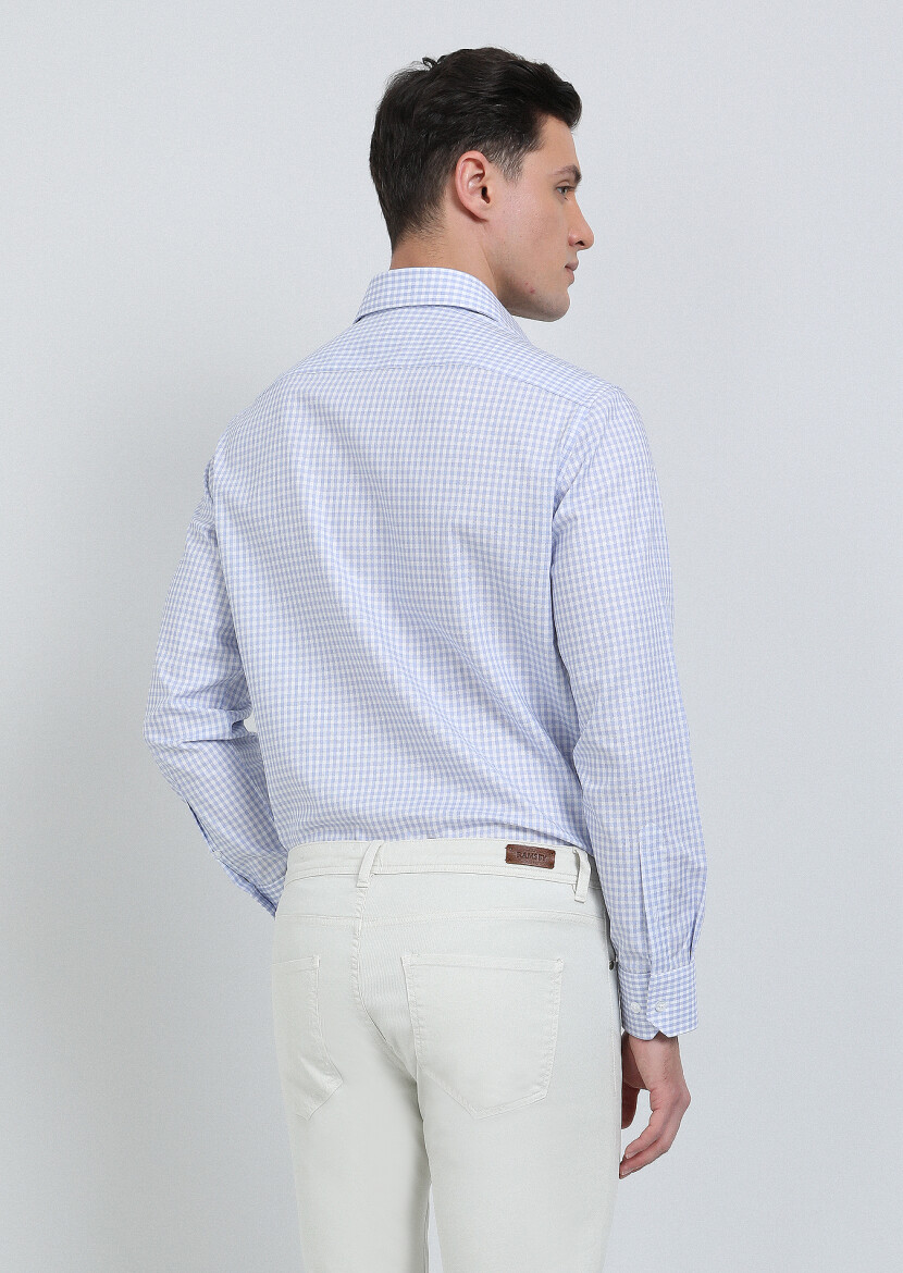 Blue Checkered Regular Fit Long Weaving Classical 100% Cotton Shirt - 5