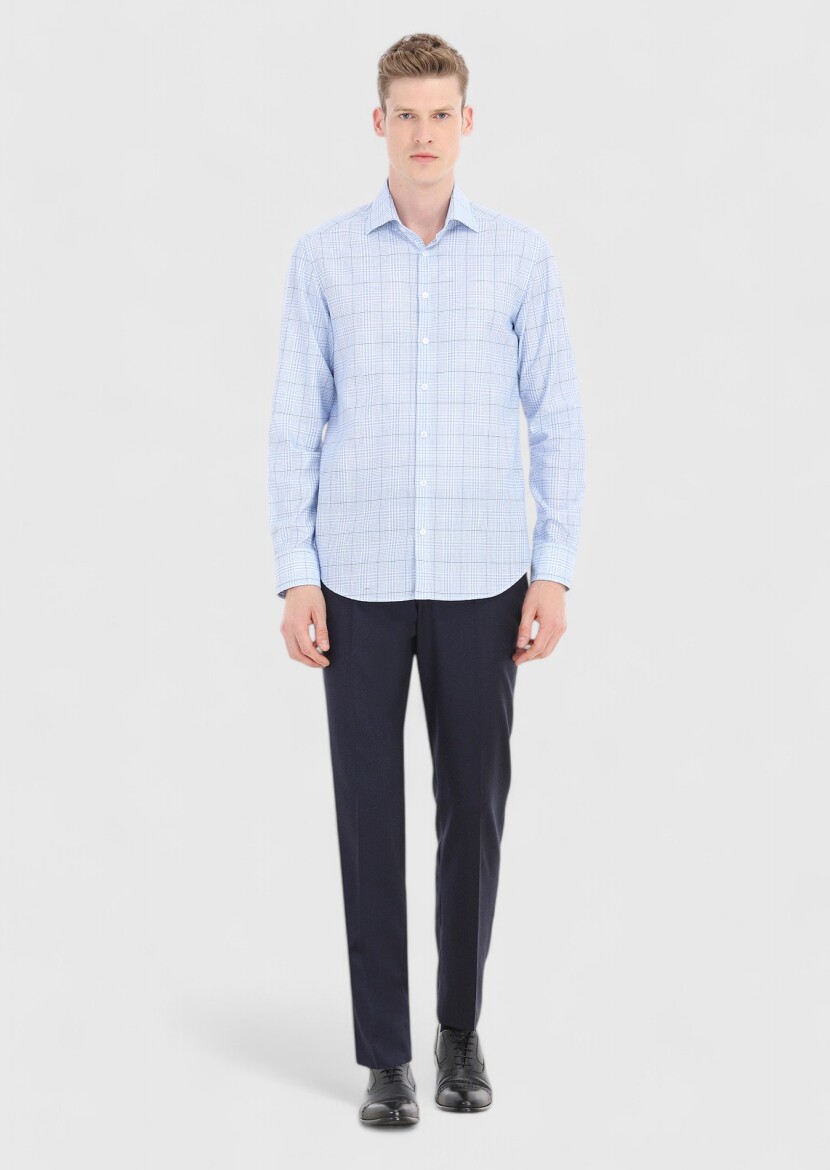 Blue Checkered Regular Fit Long Weaving Classical 100% Cotton Shirt - 1