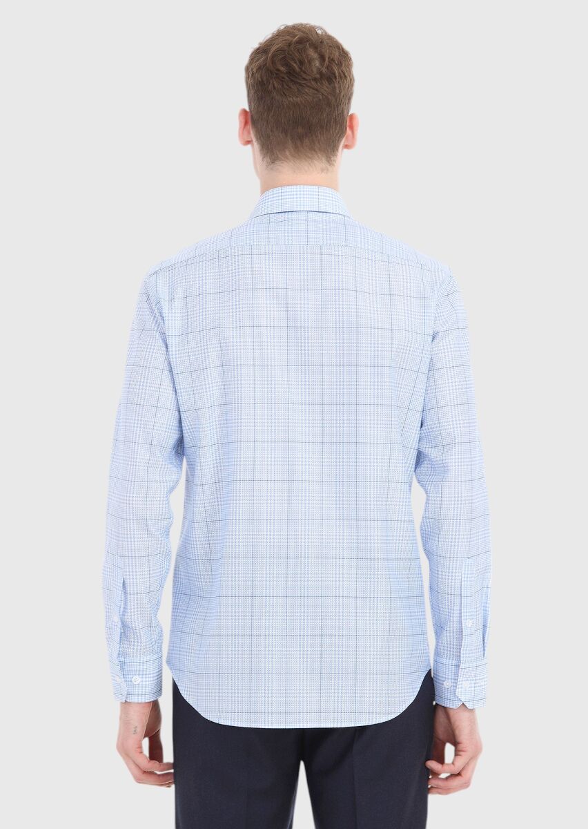 Blue Checkered Regular Fit Long Weaving Classical 100% Cotton Shirt - 4