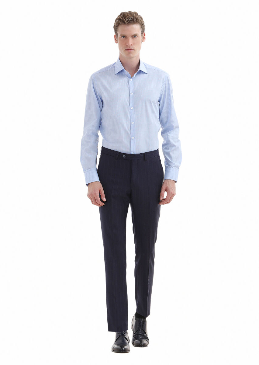 Blue Checkered Regular Fit Long Weaving Classical 100% Cotton Shirt - 1