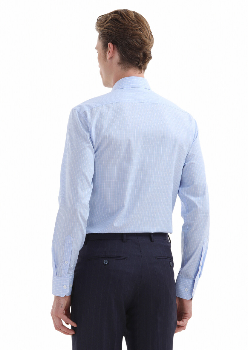 Blue Checkered Regular Fit Long Weaving Classical 100% Cotton Shirt - 3