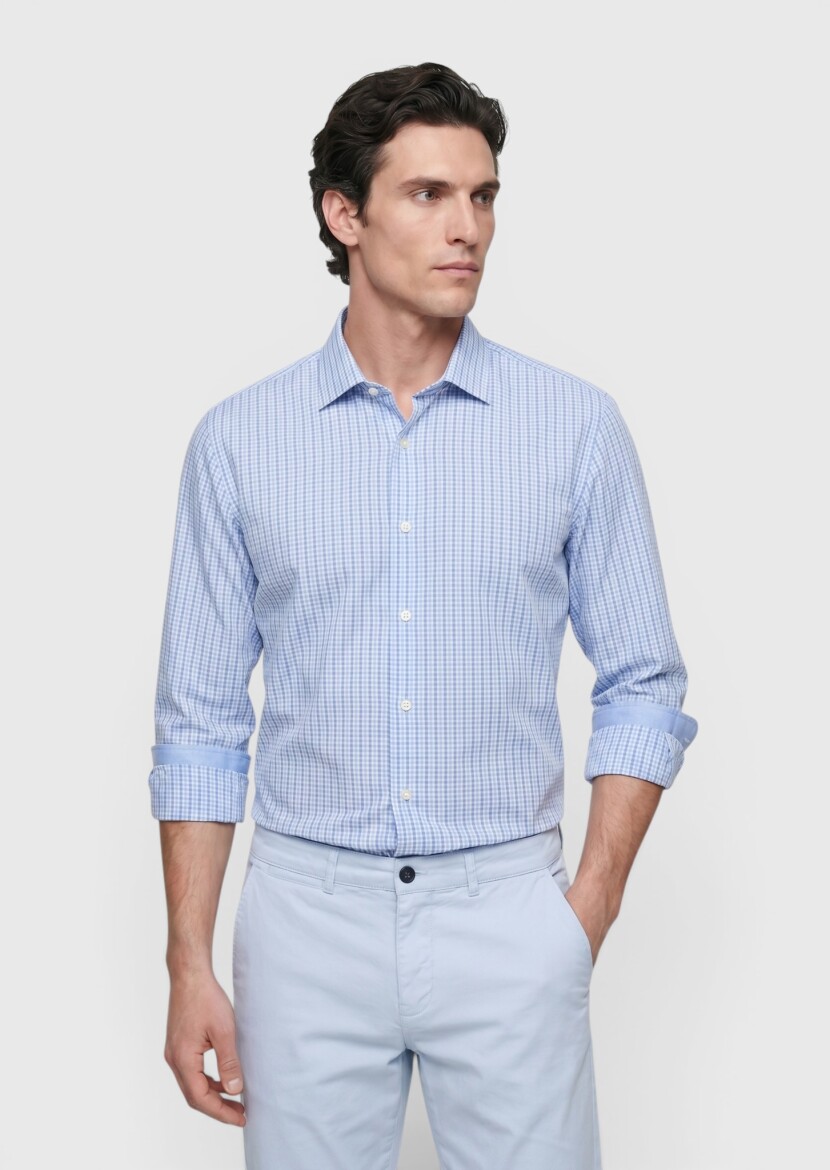 Blue Checkered Regular Fit Long Weaving Classical 100% Cotton Shirt - RAMSEY