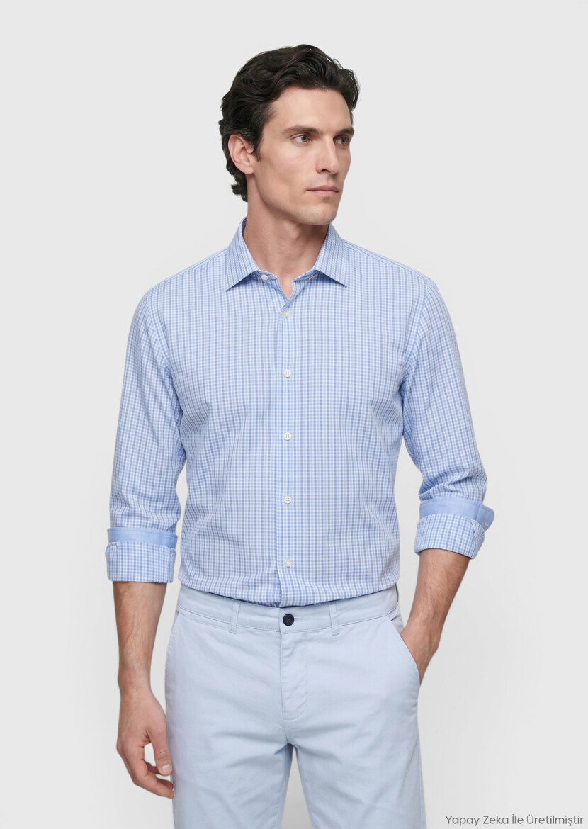 Blue Checkered Regular Fit Long Weaving Classical 100% Cotton Shirt - RAMSEY