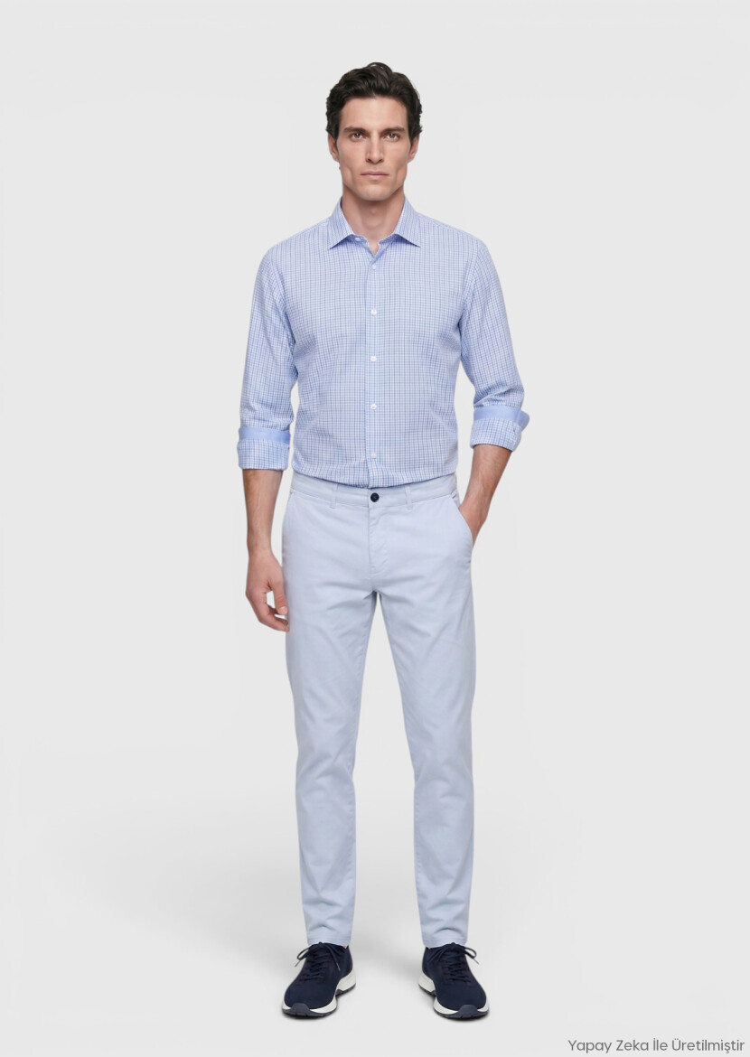 Blue Checkered Regular Fit Long Weaving Classical 100% Cotton Shirt - RAMSEY