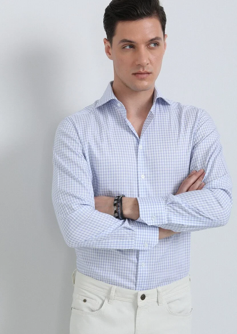 Blue Checkered Regular Fit Weaving Classical 100% Cotton Shirt - 3