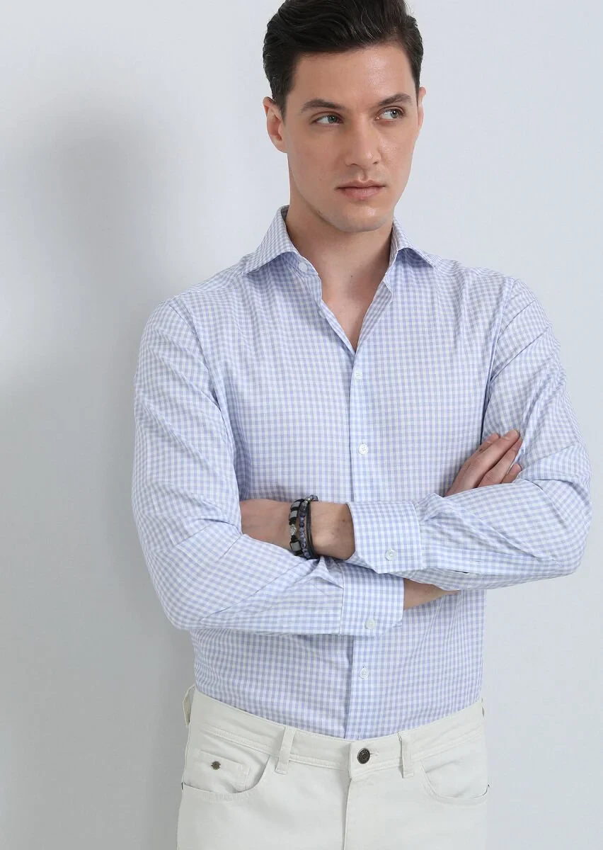 Blue Checkered Regular Fit Weaving Classical 100% Cotton Shirt - 3