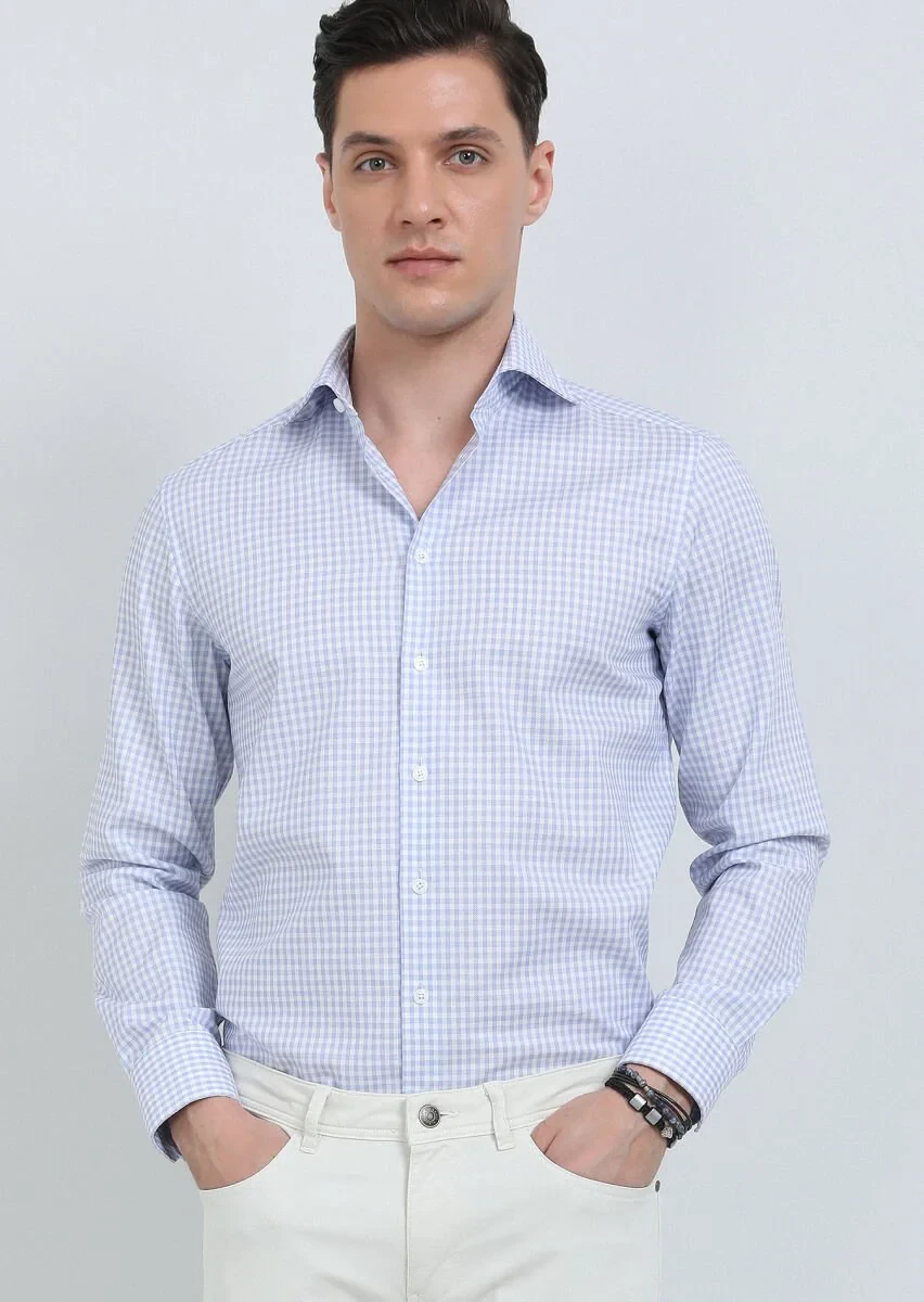 Blue Checkered Regular Fit Weaving Classical 100% Cotton Shirt - 4