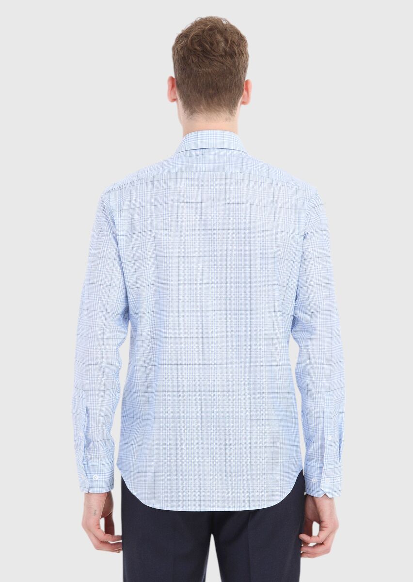 Blue Checkered Regular Fit Weaving Classical 100% Cotton Shirt - 4