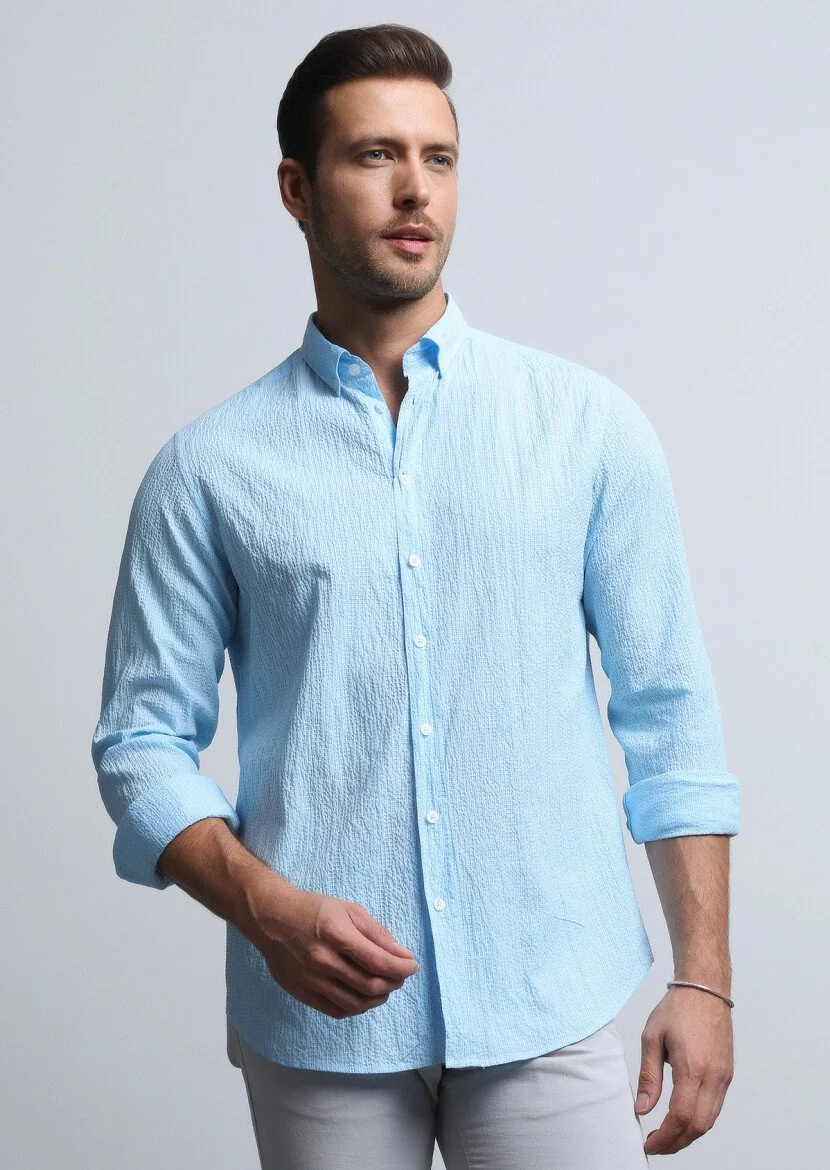 Blue Checkered Regular Fit Weaving Denim Cotton Blended Shirt - 1