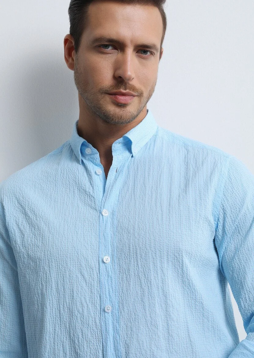 Blue Checkered Regular Fit Weaving Denim Cotton Blended Shirt 